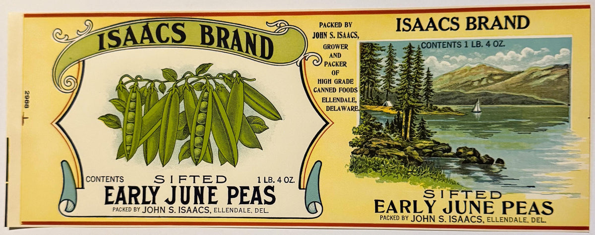 Antique 1930s Isaacs Early June Peas can label with lake and mountain landscape