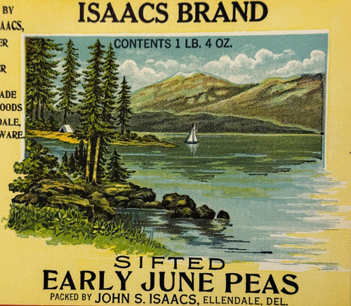 Original Isaacs Brand Early June Peas vintage can label from Ellendale Delaware