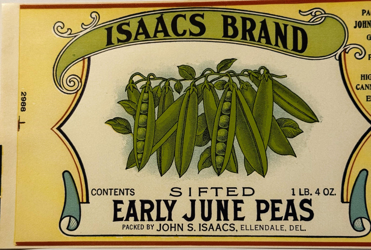 Scenic lake evergreen trees and mountains on antique Isaacs peas label