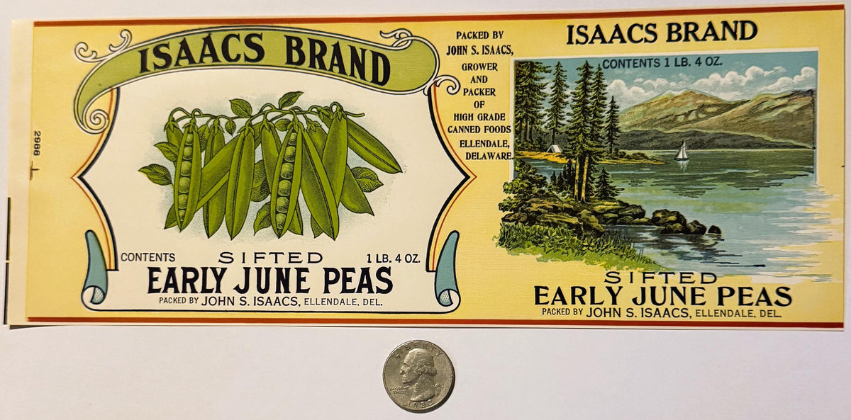 Illustrated pea pods and vintage typography on 1930s Isaacs can label