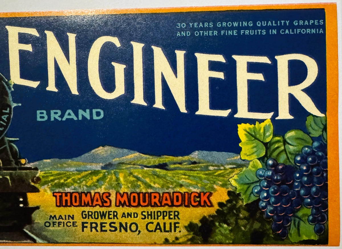 1930s railroad crate label showing Locomotive Engineer advertising artwork