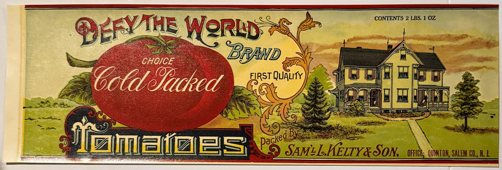 Antique Defy The World tomato can label from the 1910s to 1920s with large red tomato