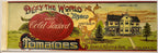 Antique Defy The World tomato can label from the 1910s to 1920s with large red tomato