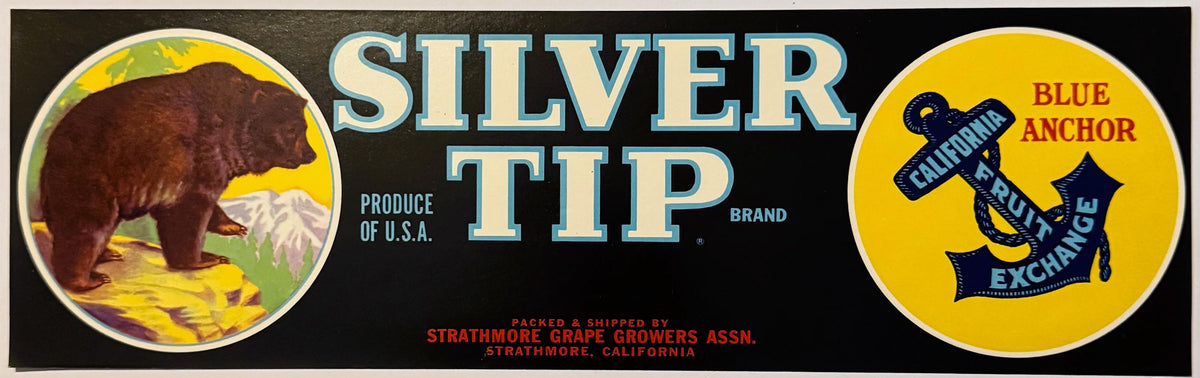 Original Silver Tip vintage crate label with bear and mountain artwork