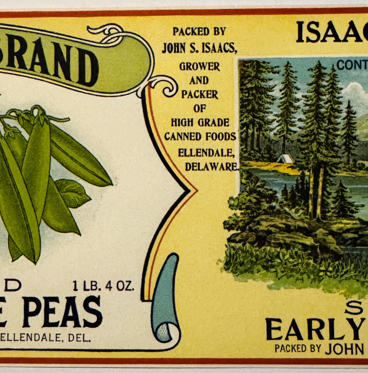 Scenic lake evergreen trees and mountains on antique Isaacs peas label