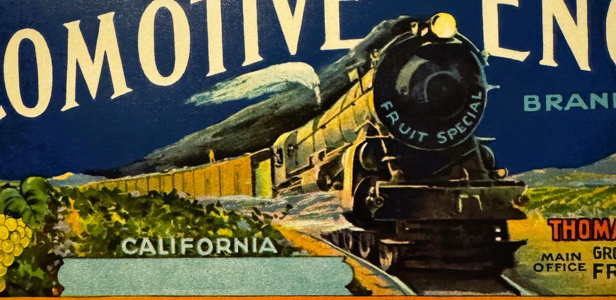 Vintage Locomotive Engineer crate label with steam train illustration