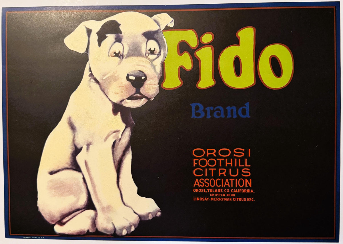 1930s Fido Brand California citrus crate label with vintage puppy illustration