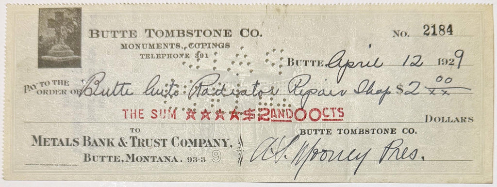 Additional antique Butte Tombstone Company checks displayed together for comparison