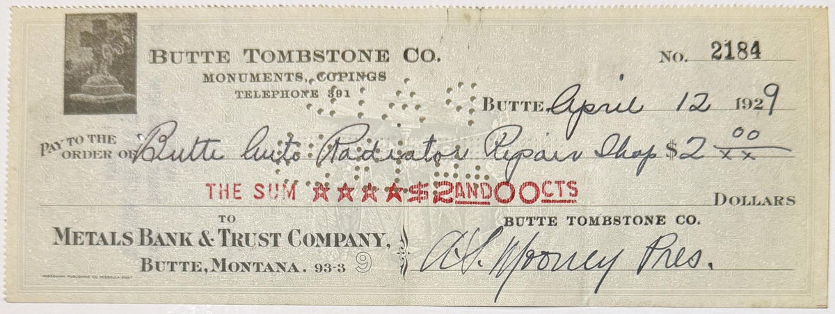 Additional antique Butte Tombstone Company checks displayed together for comparison