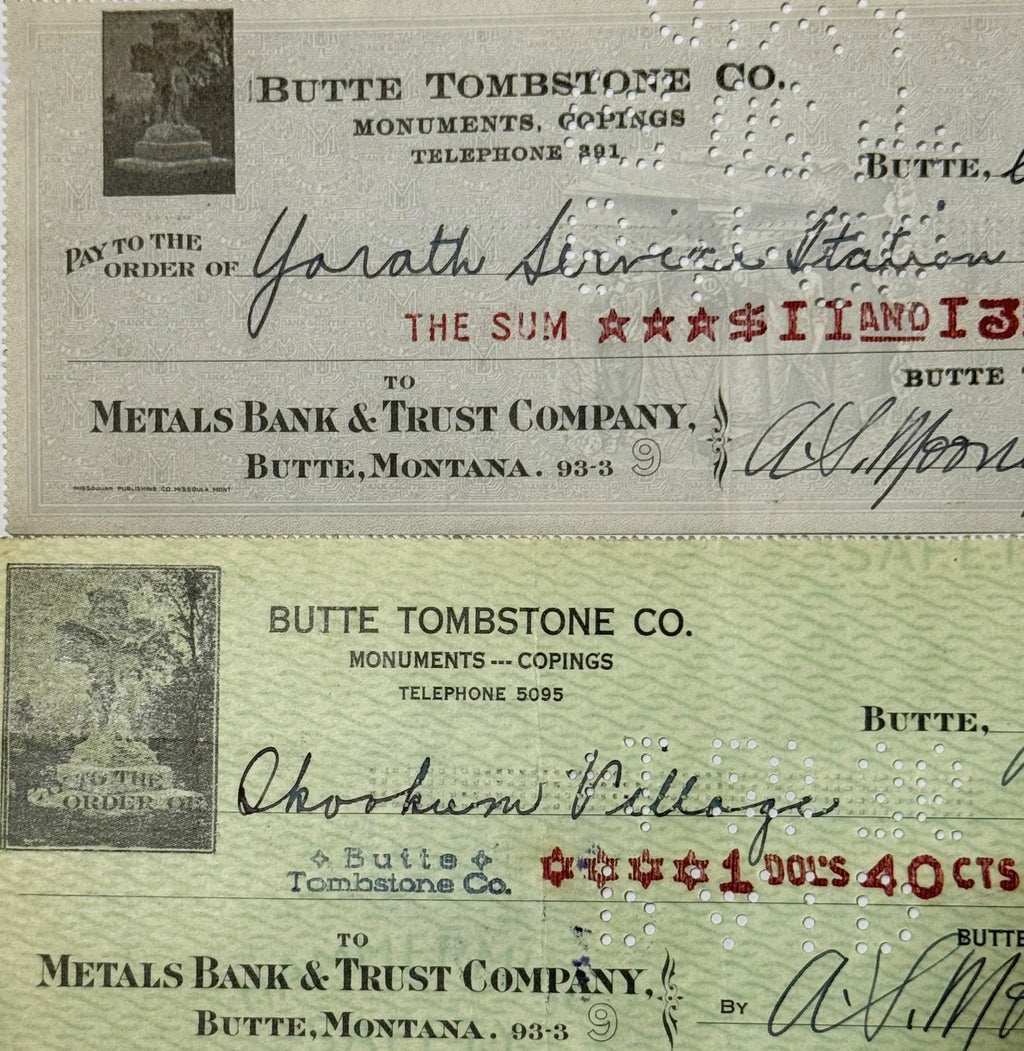 Two antique Butte Tombstone Company checks showing different handwritten payment details