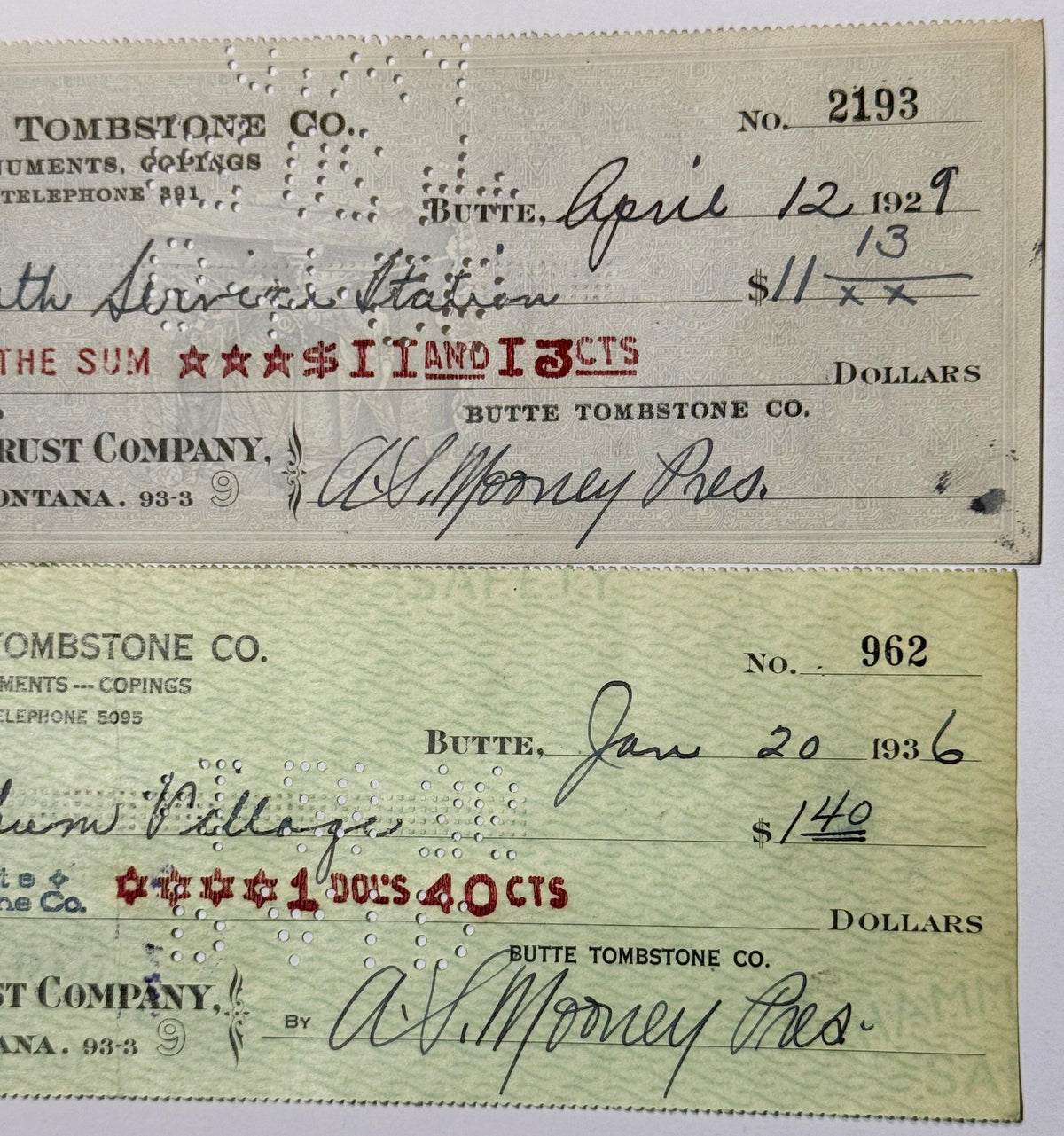 Additional antique Butte Tombstone Company checks displayed together for comparison