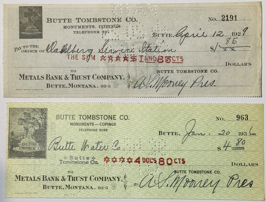 Antique Butte Tombstone Company check with printed business name and handwritten entries