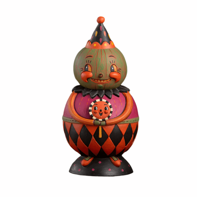 Jackie Green-O-Ween Spooks Jar by Johanna Parker, featuring a green pumpkin head, party hat, and black-and-orange harlequin outfit
