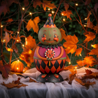 Jackie Green-O-Ween Halloween collectible displayed among autumn leaves and glowing seasonal decorations.