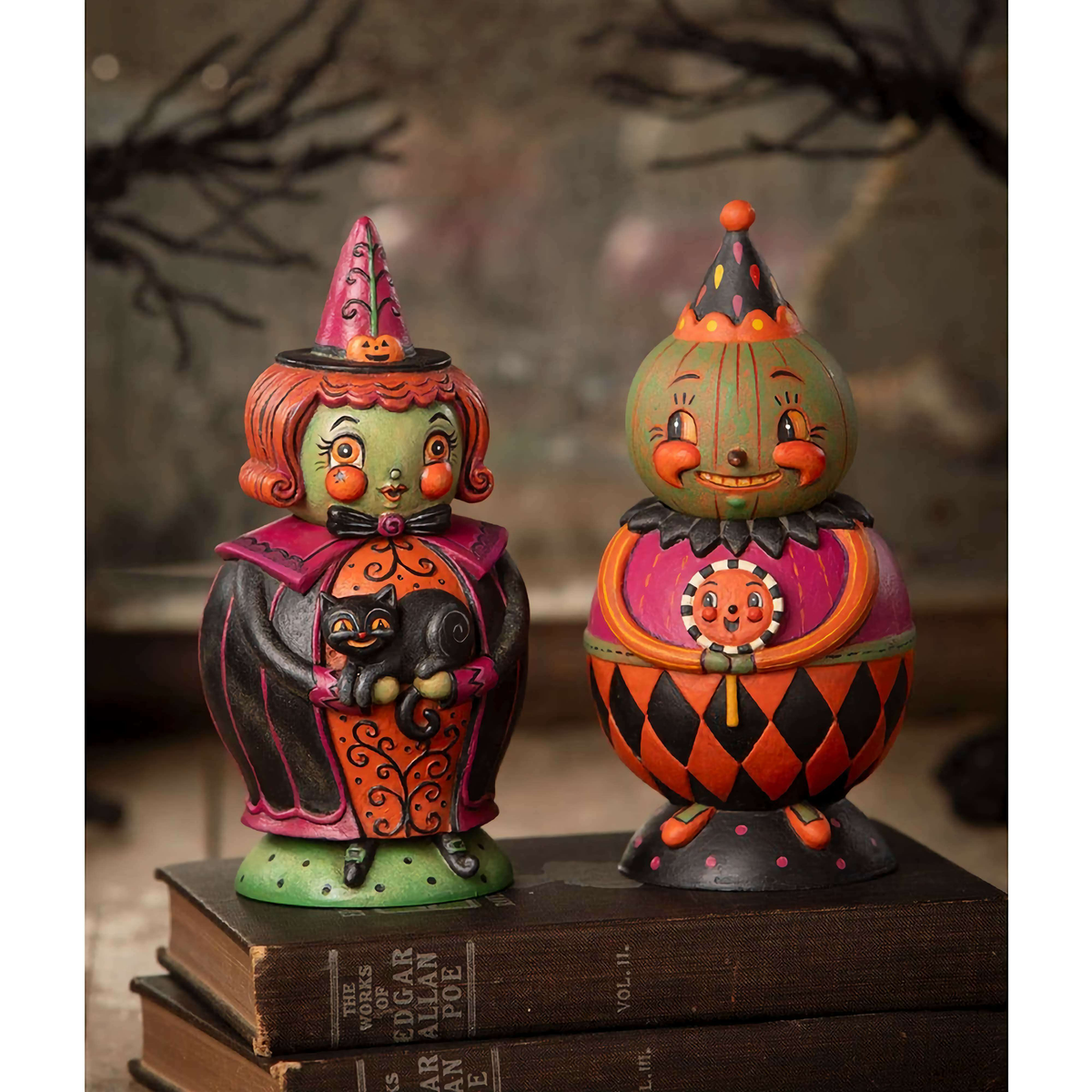 Jackie Green-O-Ween Spooks Jar displayed beside another Johanna Parker Halloween collectible.