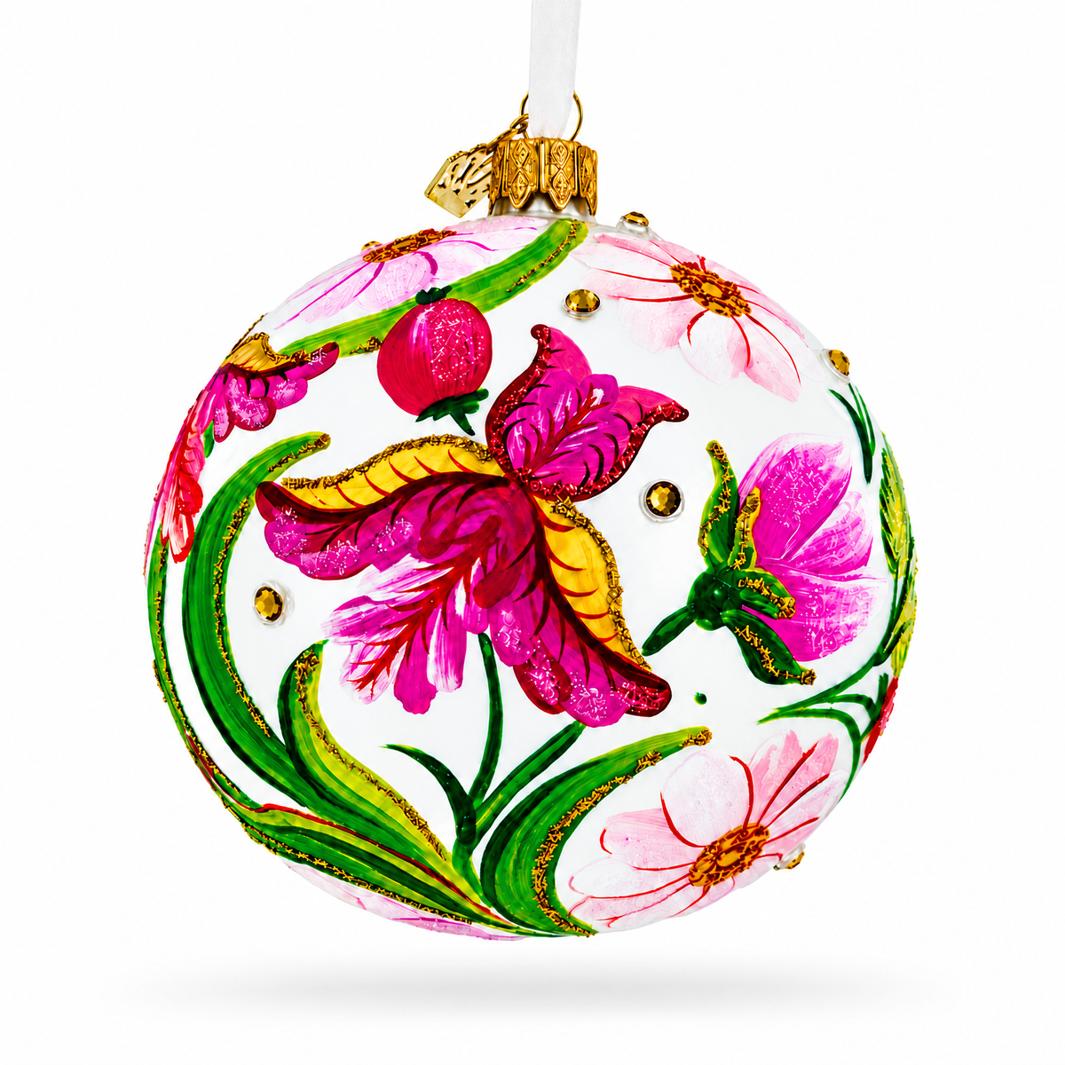 Hand-painted glass ball ornament with pink irises, cosmos flowers and colorful hummingbird