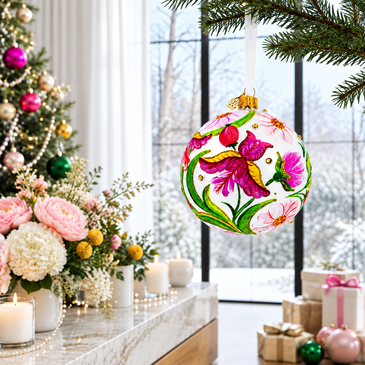  Iris and hummingbird glass Christmas ornament displayed in a botanical holiday setting