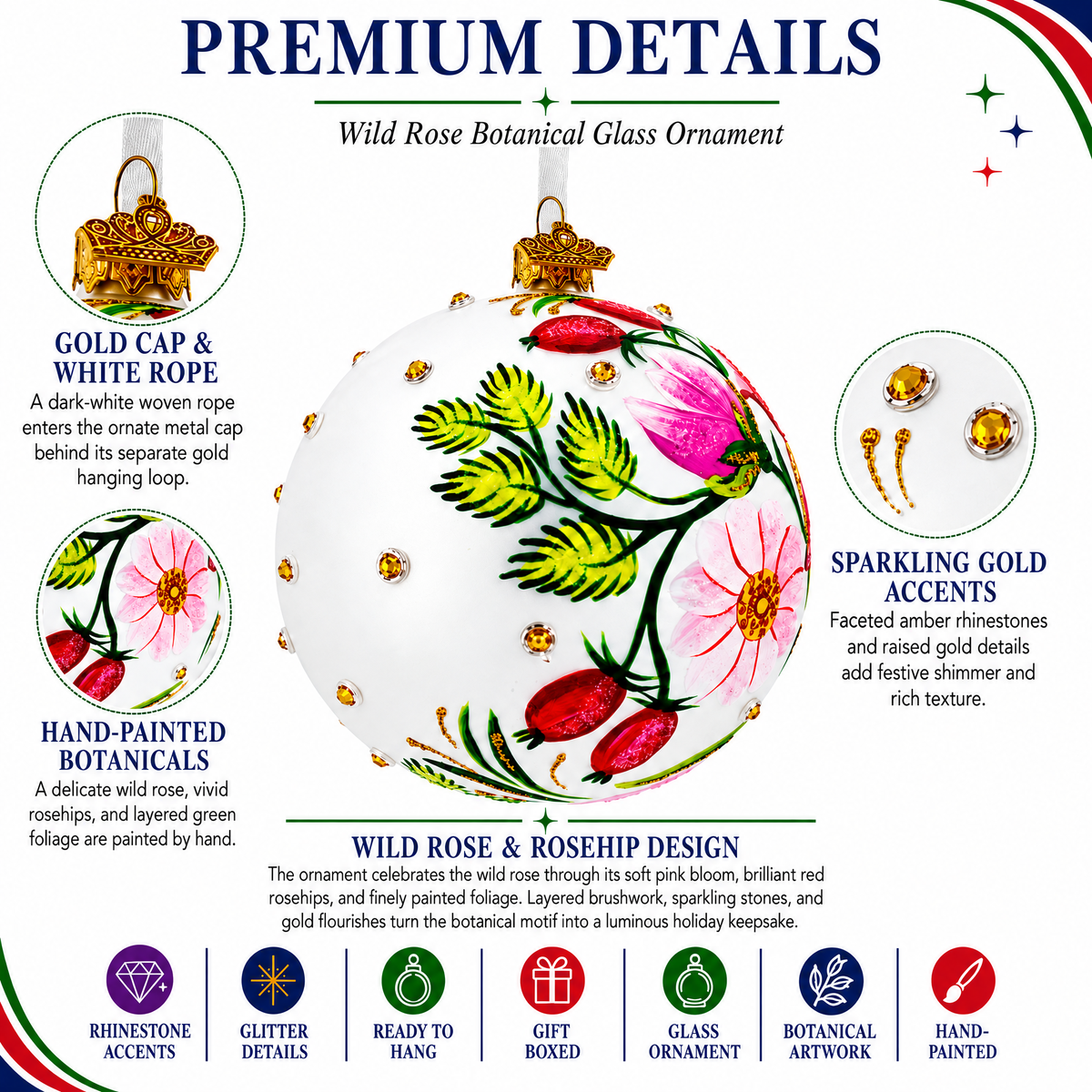 Detail information for hand-painted iris and hummingbird glass ball ornament
