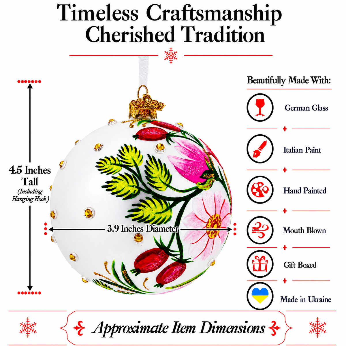 Craftsmanship details for mouth-blown hand-painted floral glass Christmas ornament