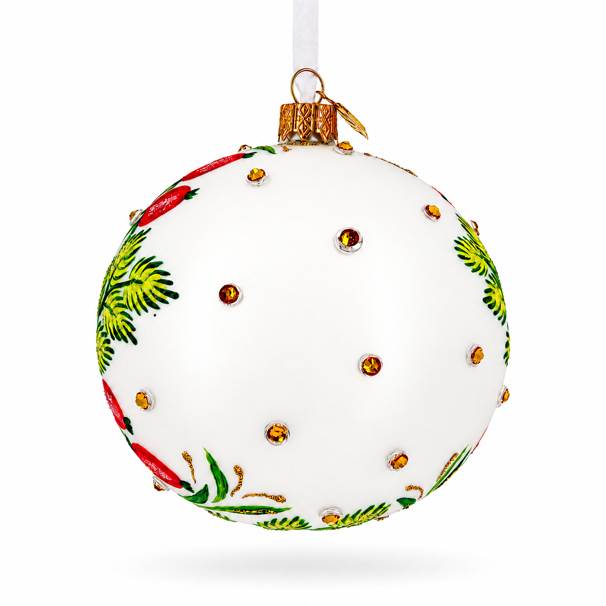 Reverse side of white glass ball ornament with delicate floral vine and gold accents