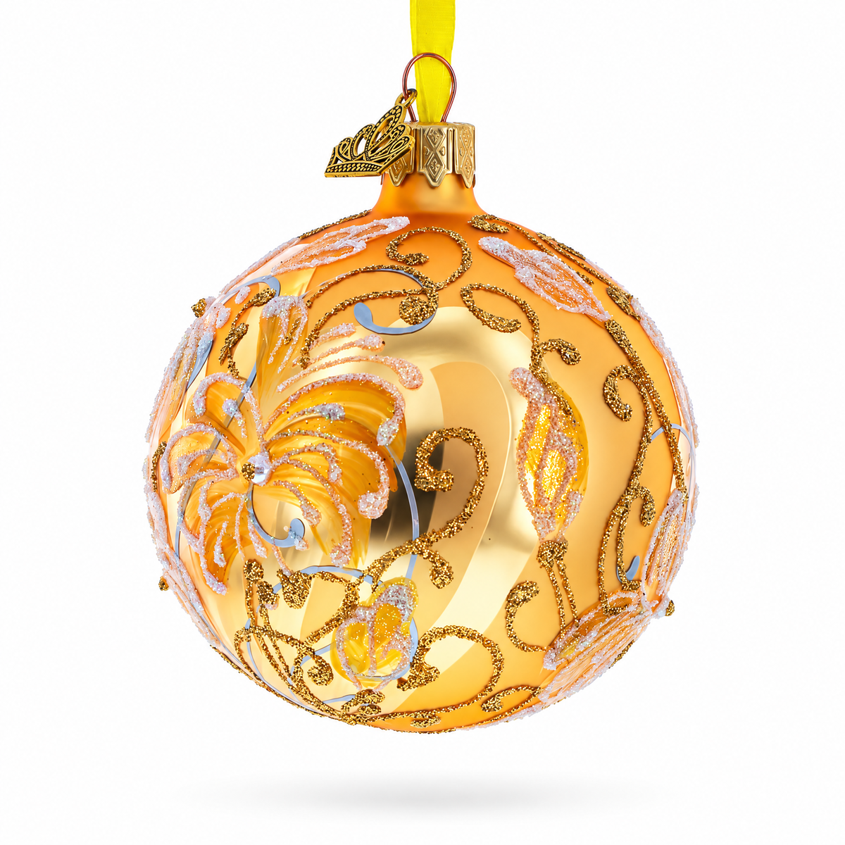 Golden amber glass ball Christmas ornament hand painted with white lilies and botanical details