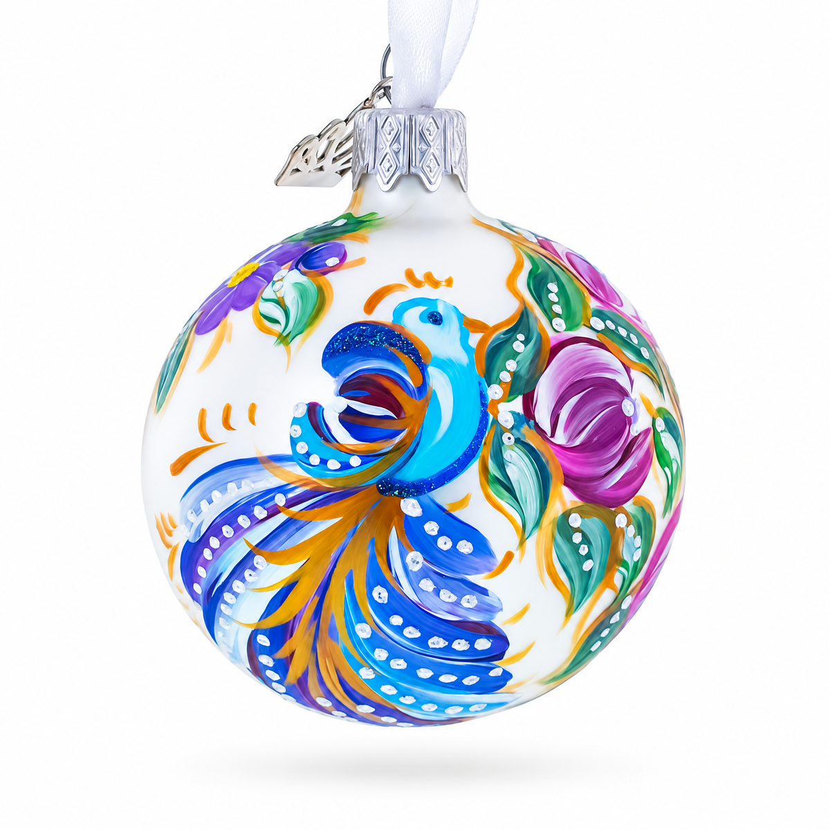 Colorful folk art bird and floral glass ball Christmas ornament with blue bird and pink flower