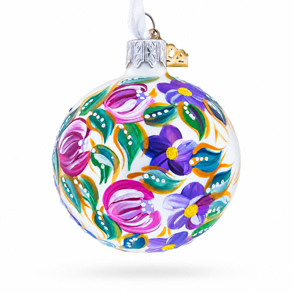 Reverse side of colorful hand-painted folk art bird and floral glass ball ornament