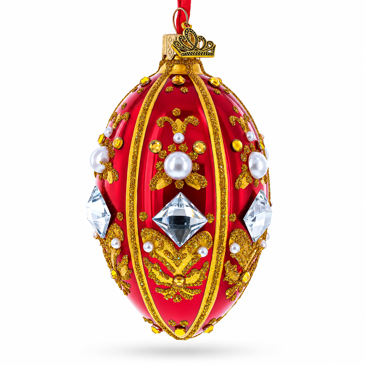 Jeweled red glass egg Christmas ornament with gold trim, pearls and sparkling diamond-shaped accents
