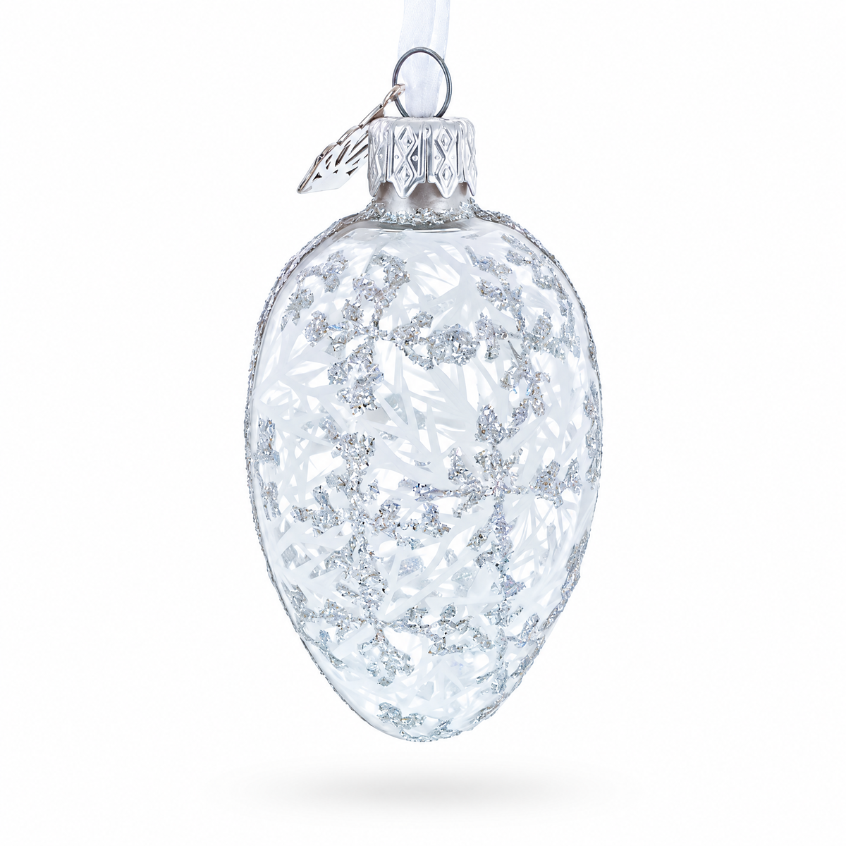 Clear glass egg Christmas ornament with icy crystalline textured appearance