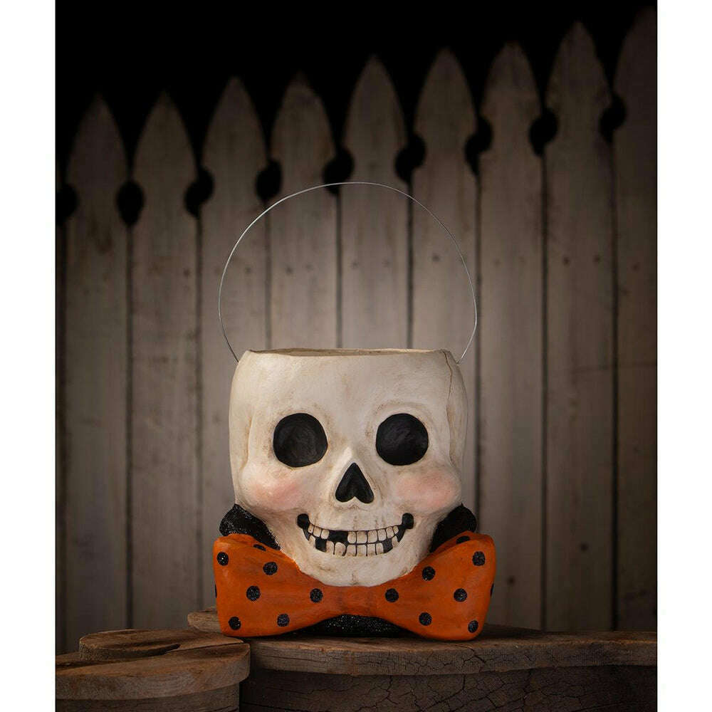Rear view of Mr. Albert Skully bucket showing its hand-painted papier-mâché construction.