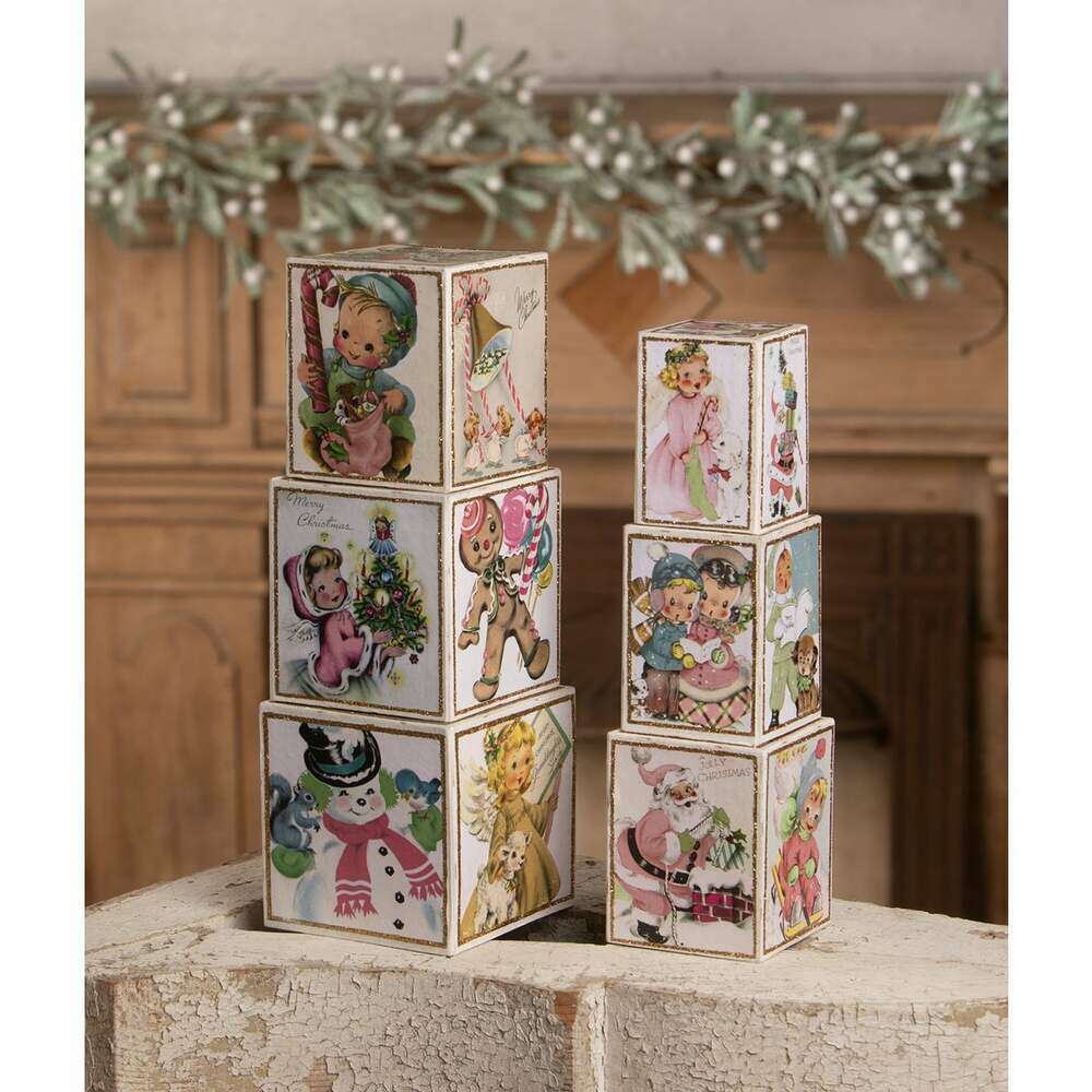 Set of six pastel vintage-inspired Christmas display blocks with nostalgic illustrations