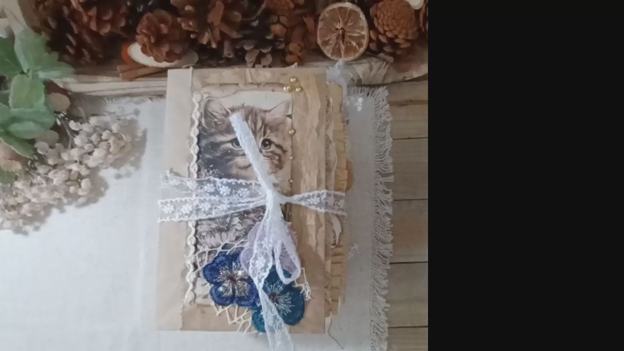 Layered cat-themed pocket spread with removable ephemera and handmade embellishments. Video