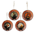 Set of four Bethany Lowe retro Halloween rosette ornaments with orange-and-black striped paper, nostalgic illustrations, and black bows.