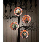 Retro Halloween rosette ornaments by Bethany Lowe hanging together as part of a vintage-inspired Halloween display.