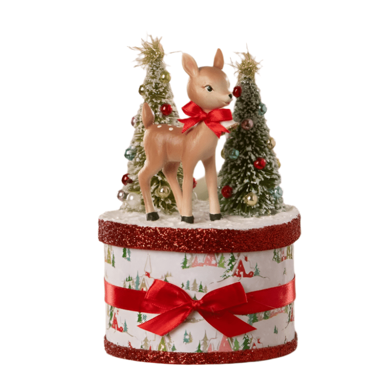 Retro Rudy reindeer Christmas box by Bethany Lowe Designs with bottle brush trees and red bow