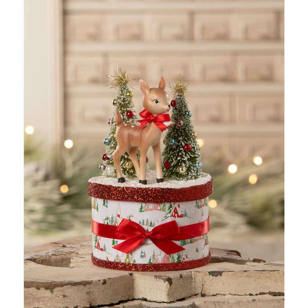 Retro Rudy vintage-inspired Christmas reindeer decoration with bottle brush trees
