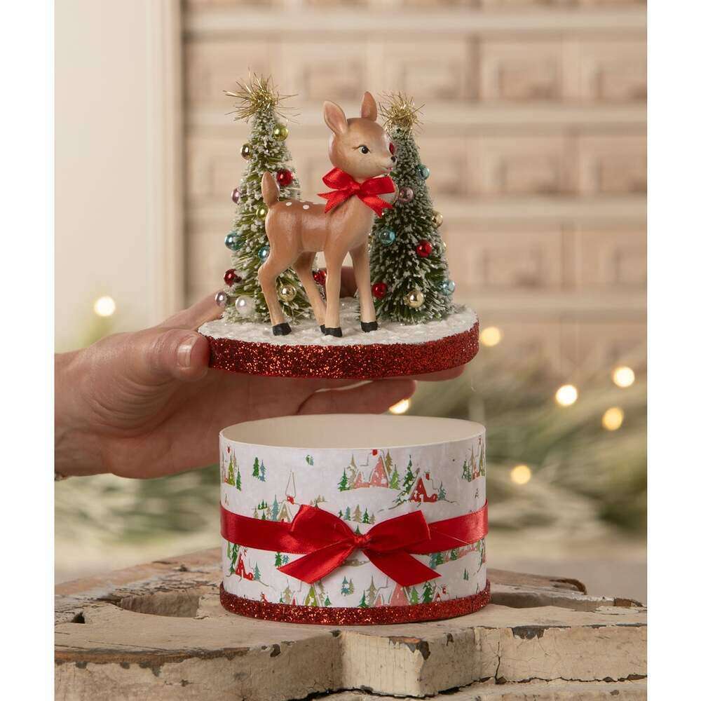 Side view of Retro Rudy reindeer Christmas box with festive trees and holiday ribb
