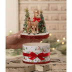 Side view of Retro Rudy reindeer Christmas box with festive trees and holiday ribb