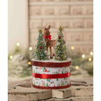 Retro Rudy Christmas collectible showing reindeer and decorated bottle brush trees