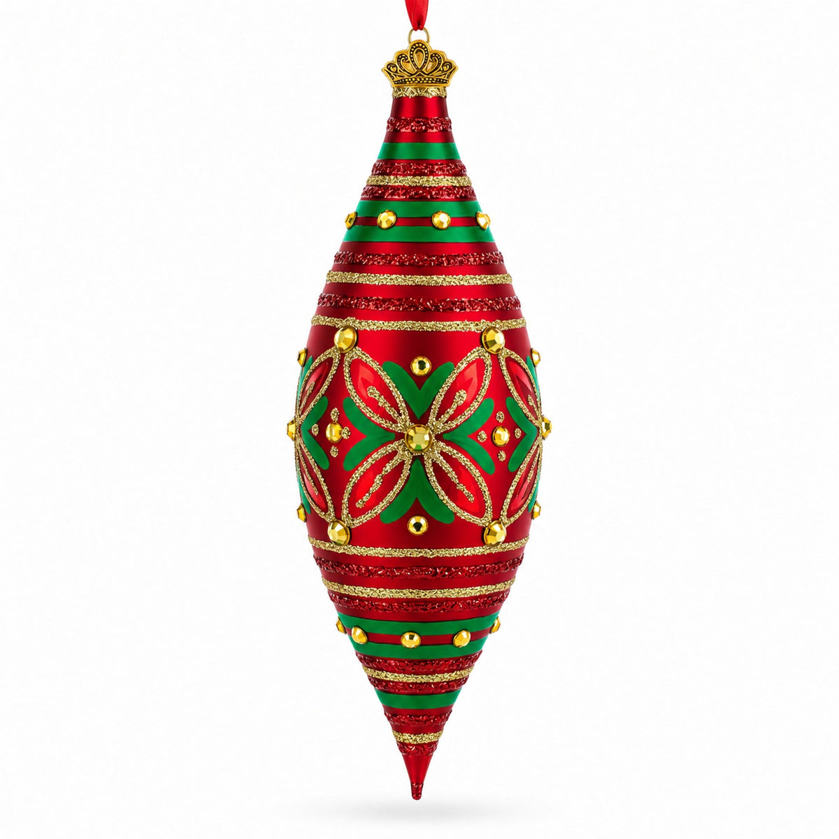 Jeweled red and green glass teardrop finial Christmas ornament with gold detailing