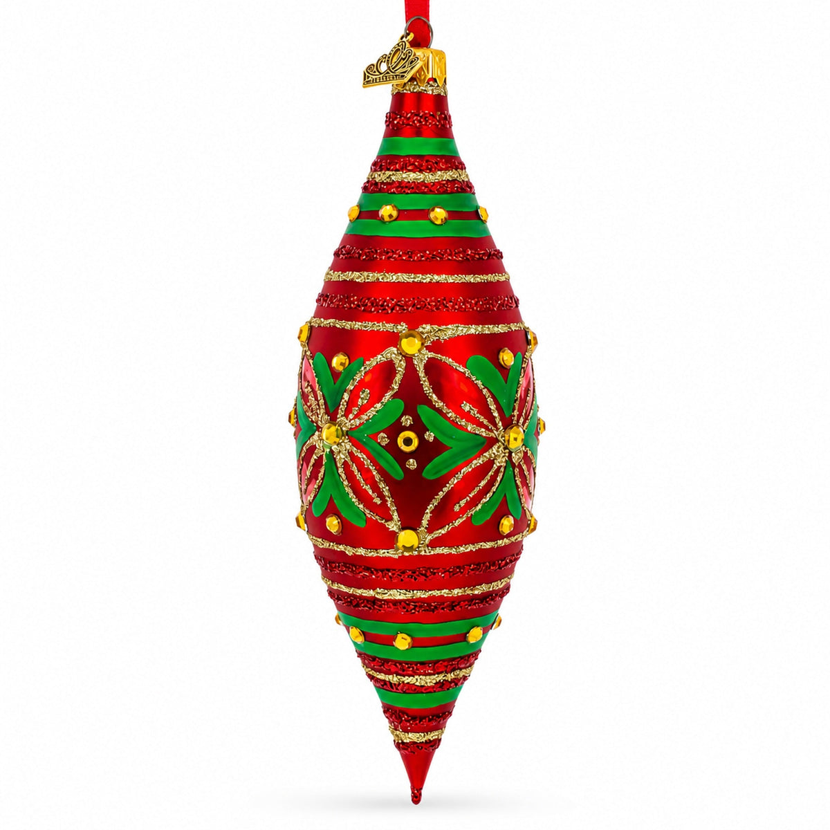 Front view of elongated red and green hand-painted glass finial ornament
