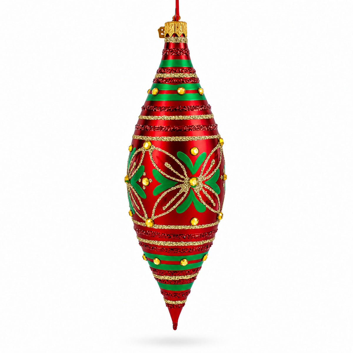 Reverse view of red and green jeweled glass teardrop Christmas ornament