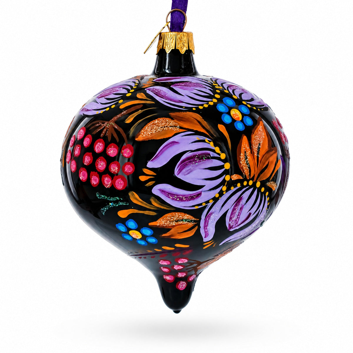 Side view of a black glass finial ornament featuring a hand-painted orange bird and colorful floral folk-art design.