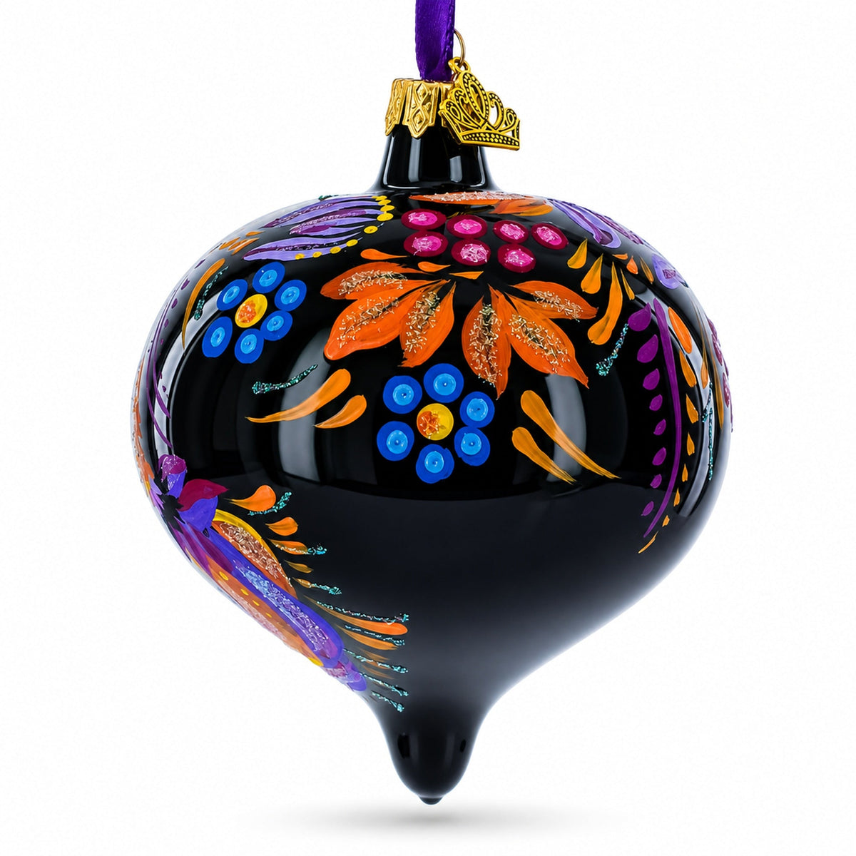 Back view of a black onion-shaped glass Christmas ornament with colorful hand-painted flowers and botanical details.