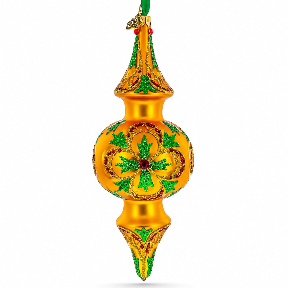 Golden holly and ivy glass finial Christmas ornament with green botanical design and elongated drop shape