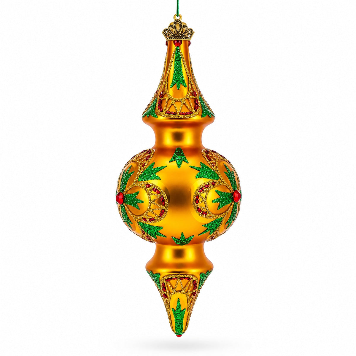 Front view of hand-painted golden and green glass finial Christmas ornament