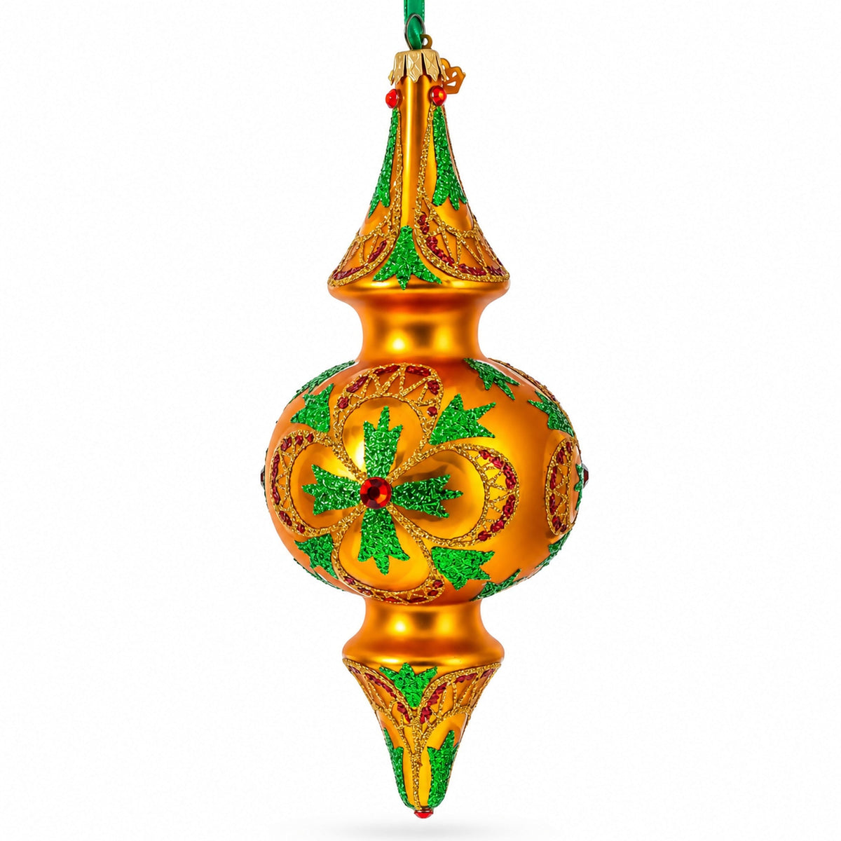 Reverse view of golden holly and ivy glass finial ornament