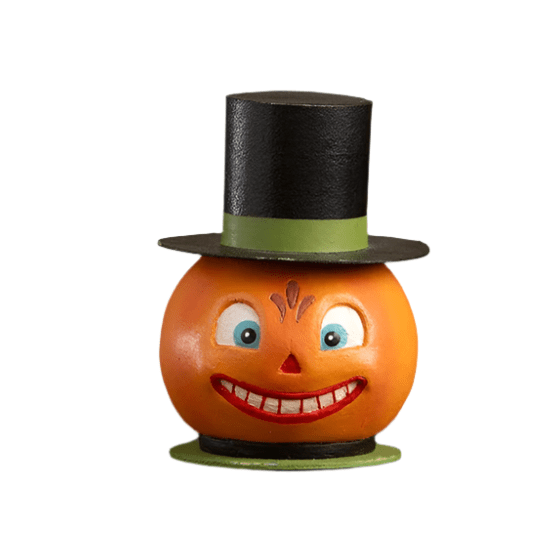 Smiling Pumpkin Container by Bethany Lowe Designs with a bright orange face, blue eyes, and tall black top hat with a green band.