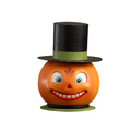 Smiling Pumpkin Container by Bethany Lowe Designs with a bright orange face, blue eyes, and tall black top hat with a green band.