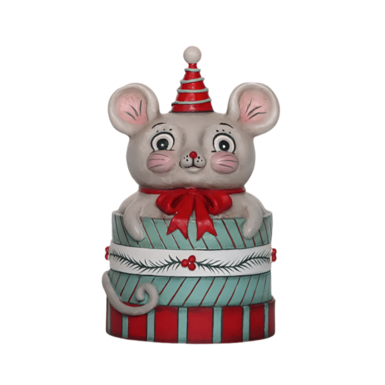 Spencer Merry Boo Christmas mouse gift box by Johanna Parker with striped holiday hat and vintage-inspired design